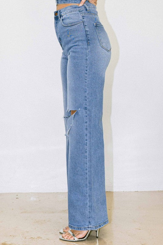 high waist distressed fit jeans