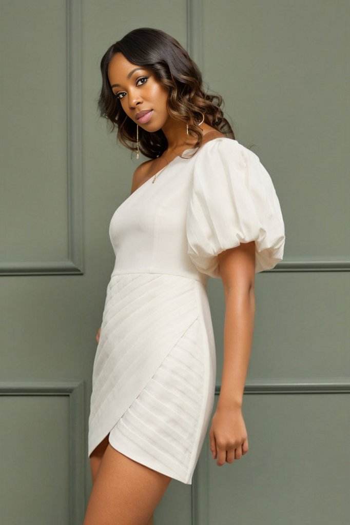 Pleated Dress with Puff Shoulder