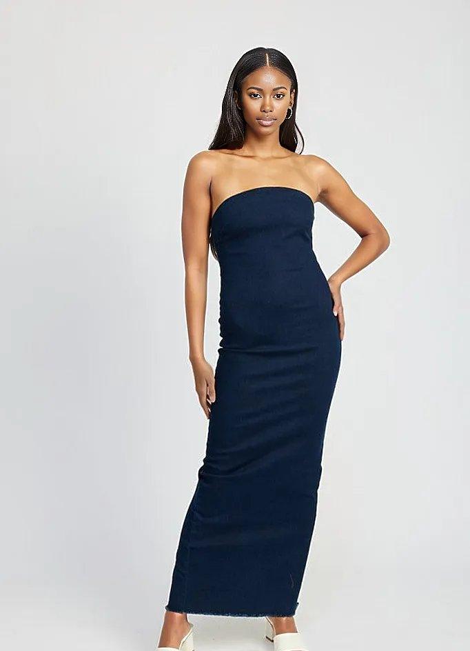 maxi denim tube dress