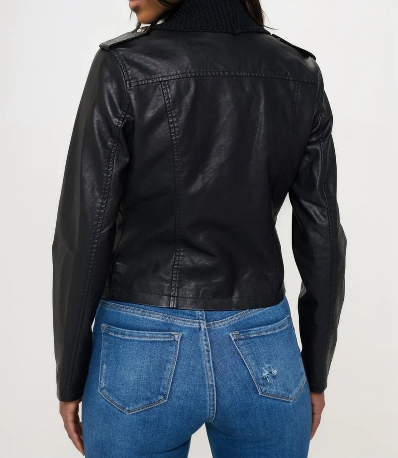 faux leather crop jacket with knit