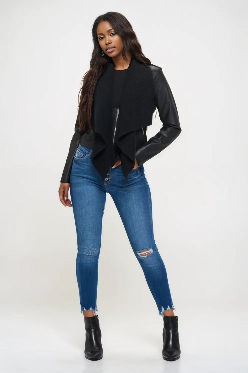 faux leather crop jacket with knit