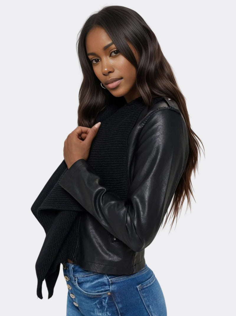 faux leather crop jacket with knit