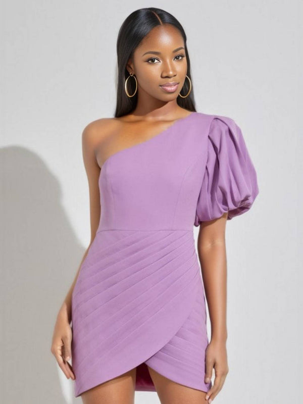 Pleated Dress with Puff Shoulder