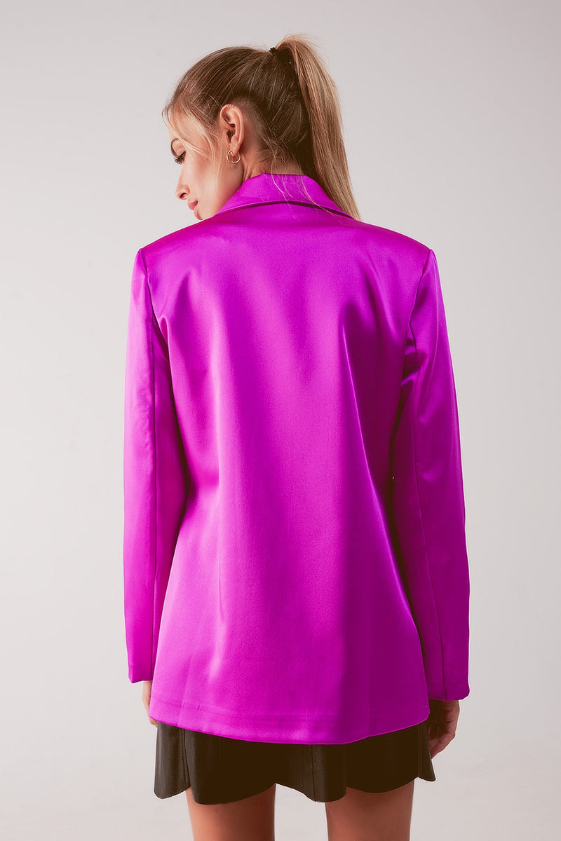 Satin double breasted suit blazer in fuchsia