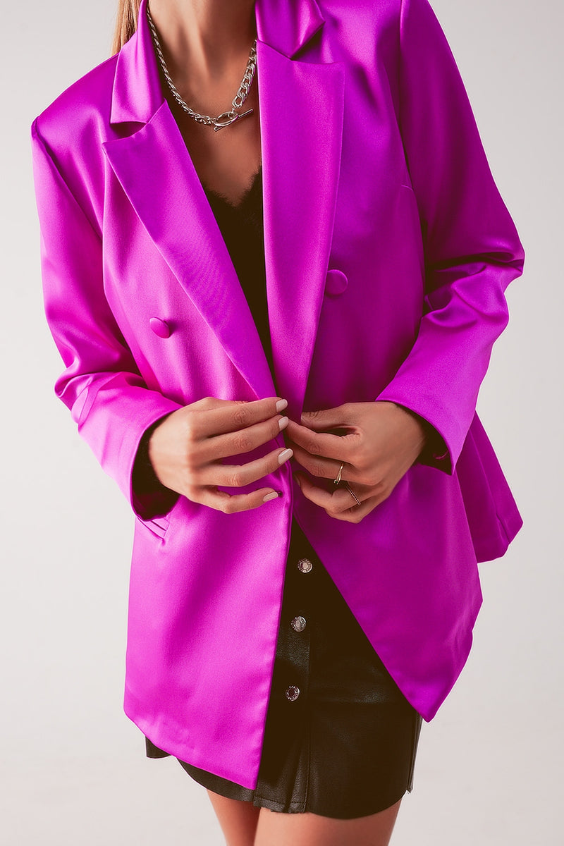 Satin double breasted suit blazer in fuchsia